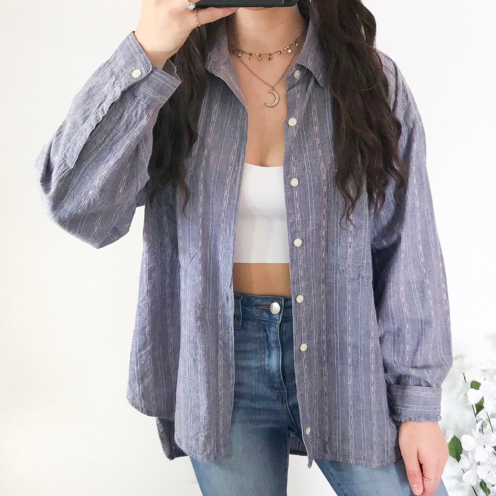 vintage purple green pink striped button down